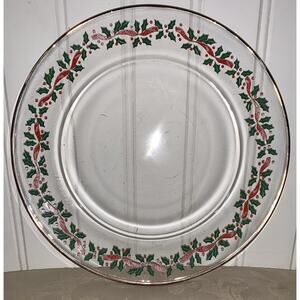 Arcoroc Glass Holiday Plates 8" Holly & Ribbon Clear Gold Rim Set of 2 VTG